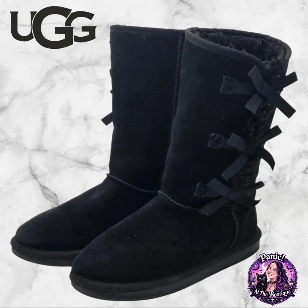 Koolaburra by UGG Victoria Tall‎ Boots Womens 5 Black Suede Triple Bow  Coquette